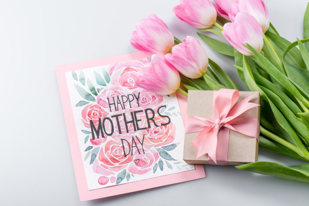 tulips, postcard and gift for Mother's Day