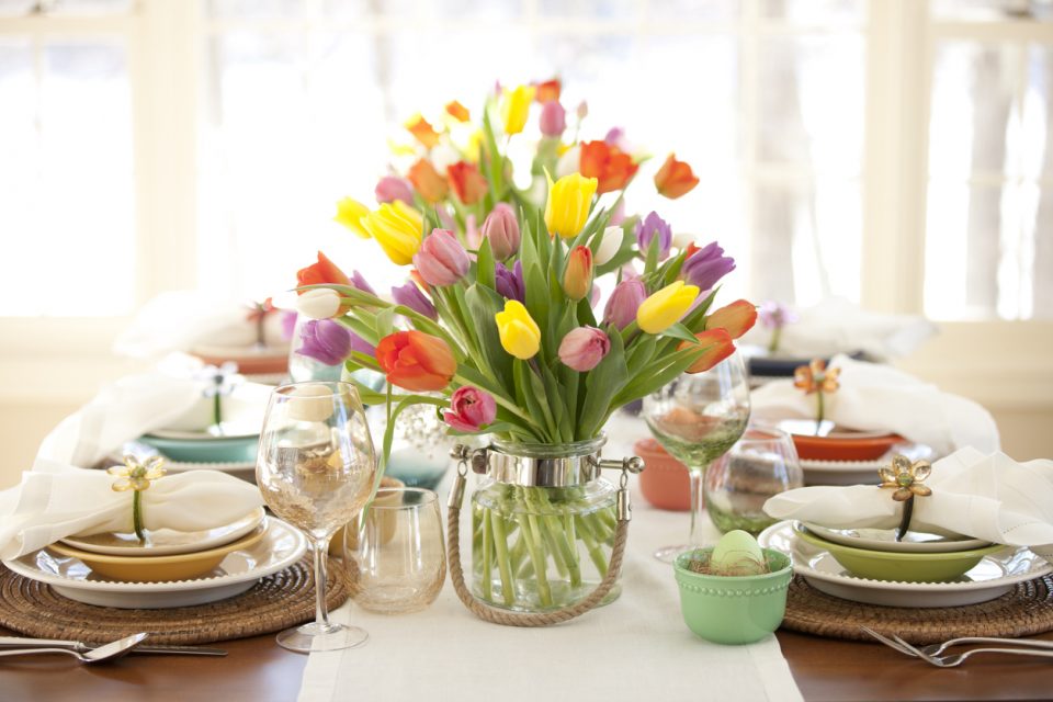 Mother's Day Elegant Place Setting Dining Table with Vase of Tulips